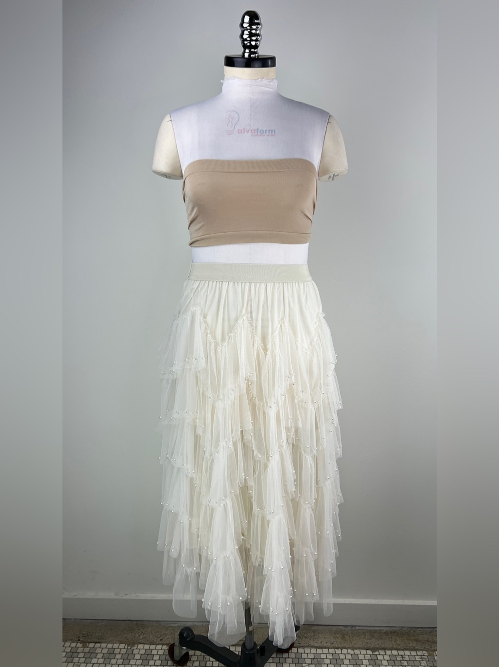 💚 3862. Women's Ivory Tiered Pearl Tulle Skirt